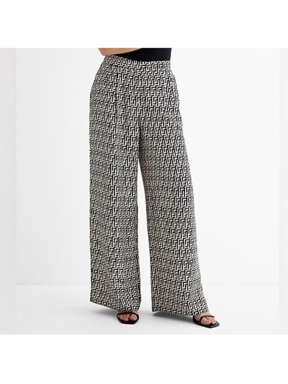 Express Wide-Leg Geometric Print Pants - Black & Cream